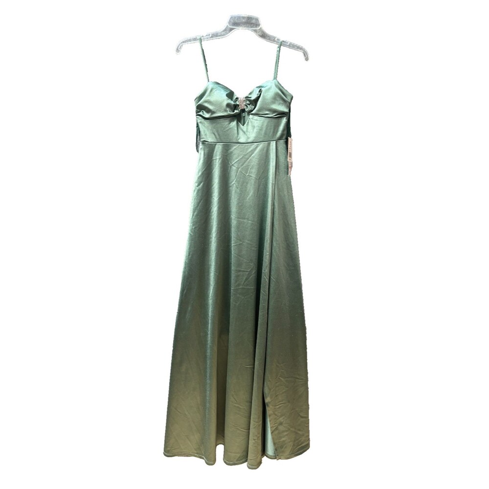 Jump Apparel Sage Green Satin Maxi Dress Juniors 1/2 Rhinestone Cutout NWT